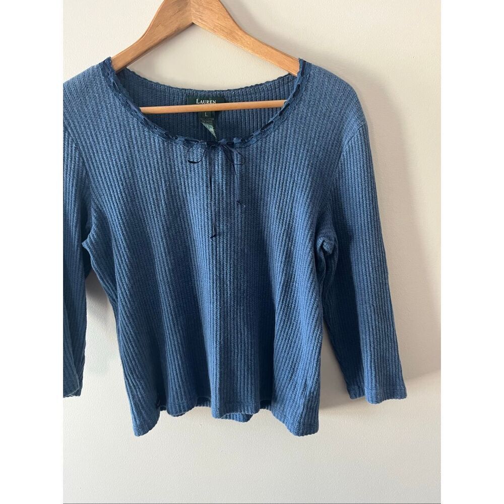 Lauren Ralph Lauren Blue Waffle Knit y2k 100% Cotton blouse L Lace Trim coquette - Picture 2 of 8